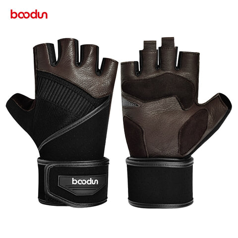 Boodun Buck Leather Gym Gloves Bodybuilding Weight Lifting Fitness Glove