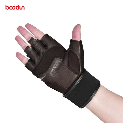 Boodun Buck Leather Gym Gloves Bodybuilding Weight Lifting Fitness Glove